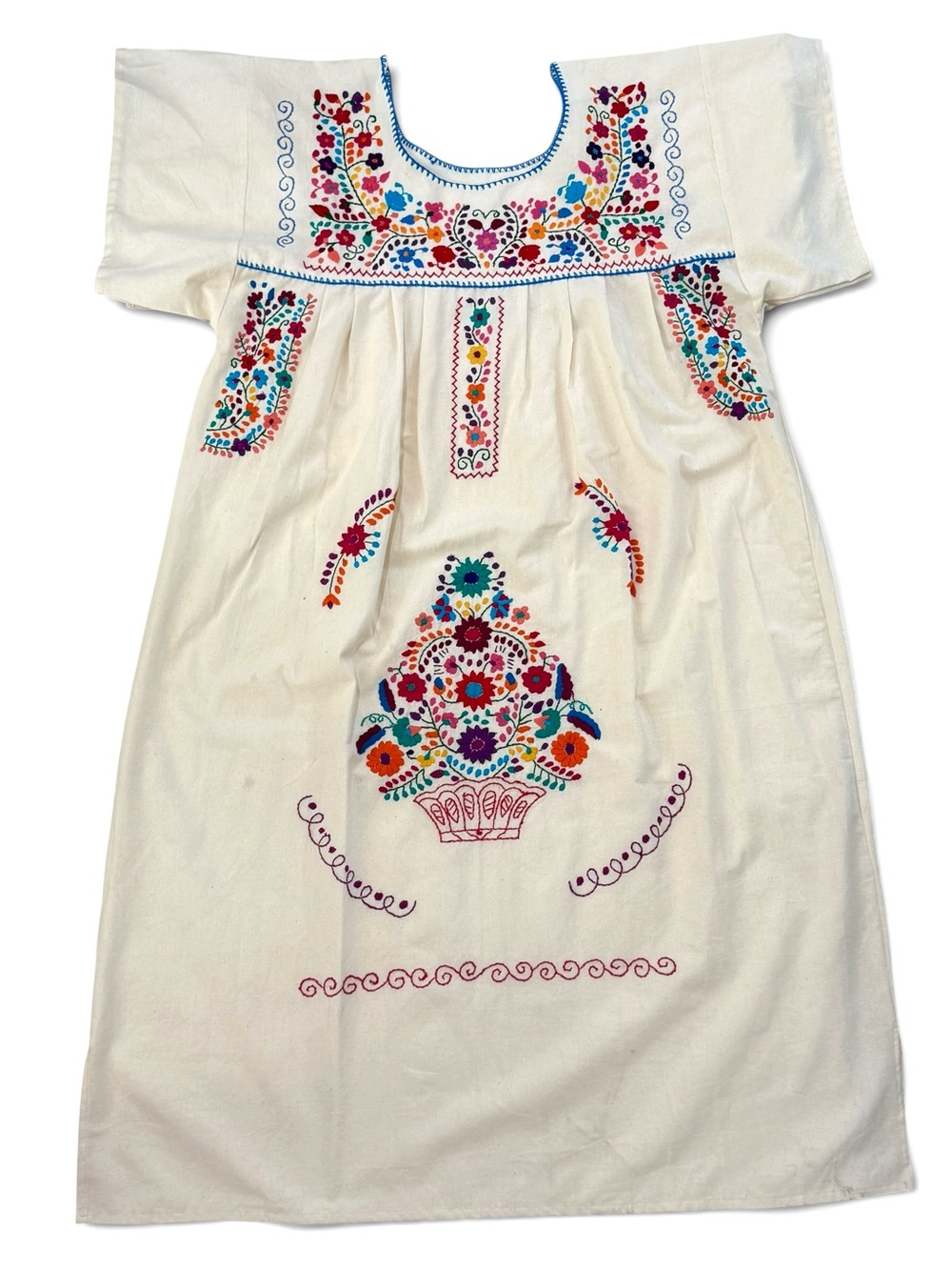 Mexican Puebla Dress Embroidered Floral Cotton Boho Maxi Long White Handmade XL